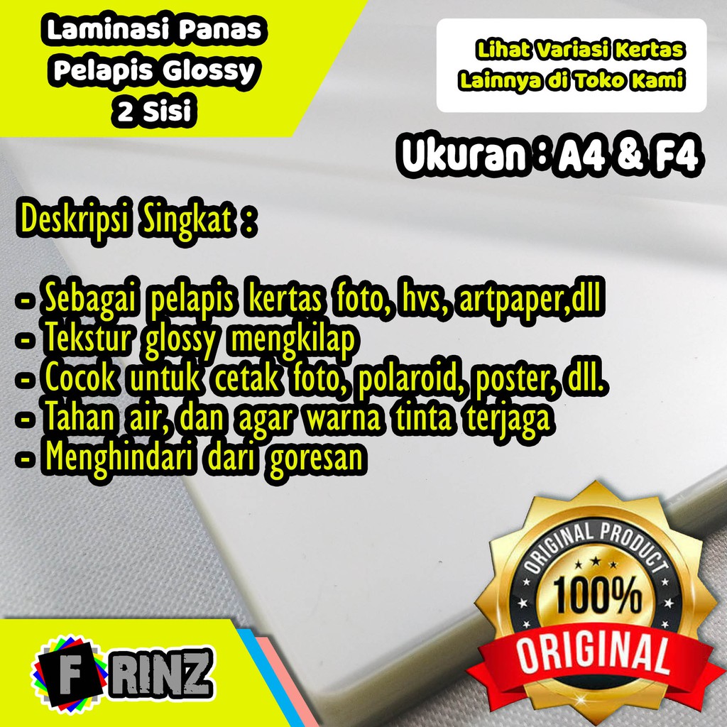 

Plastik Laminasi Panas Glossy Mengkilap A4 dan F4 2 Sisi / Laminating Foto Tahan Air High Quality 120 Micron