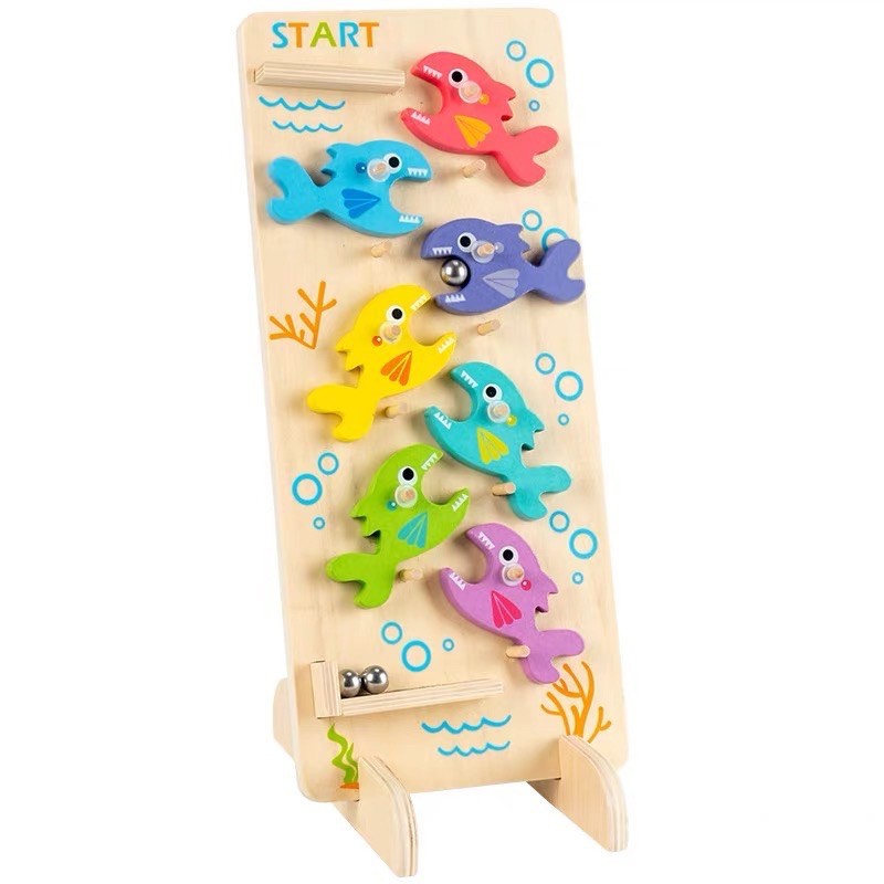 double sided sliding cars and ball fish wooden toys mainan rel kereta dan bola mobil