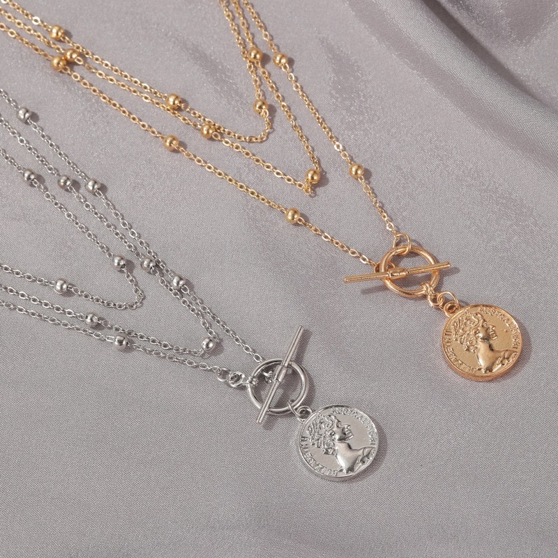 Retro Multilayer Necklace Portrait Coin Pendant Choker Golden Bead Sweater Chain Fashion Accessories