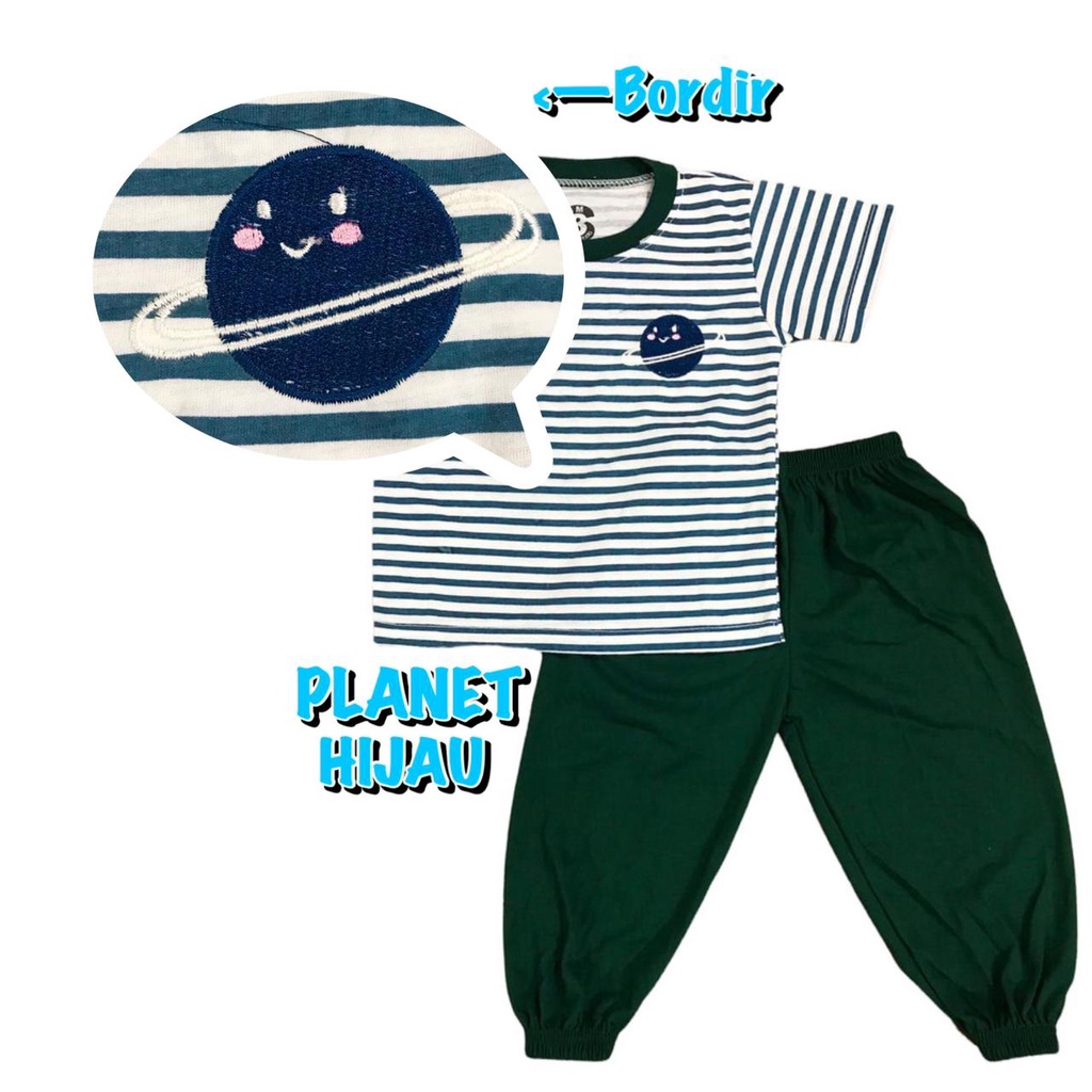 (1 KG MUAT 7 STEL) BAJU SETELAN CP JOGER FASHION OBLONG ANAK LAKI-LAKI/COWOK BAHAN KAOS KATUN BORDIR SALUR PLANET