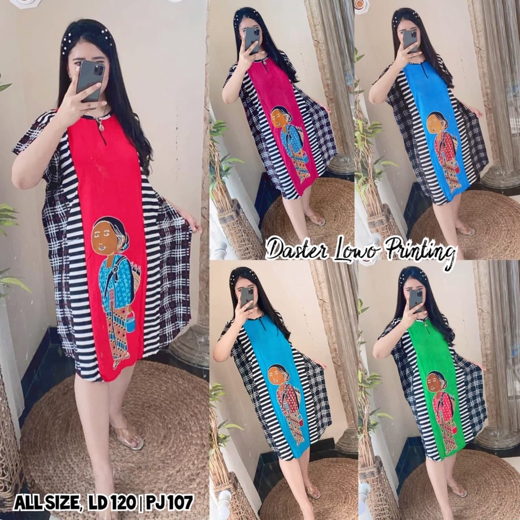 Daster Lowo Printing Motif Mbok Jamu Jawa Penjual Jamu Gendong Jumbo Baju Tidur Busui Resleting Depa