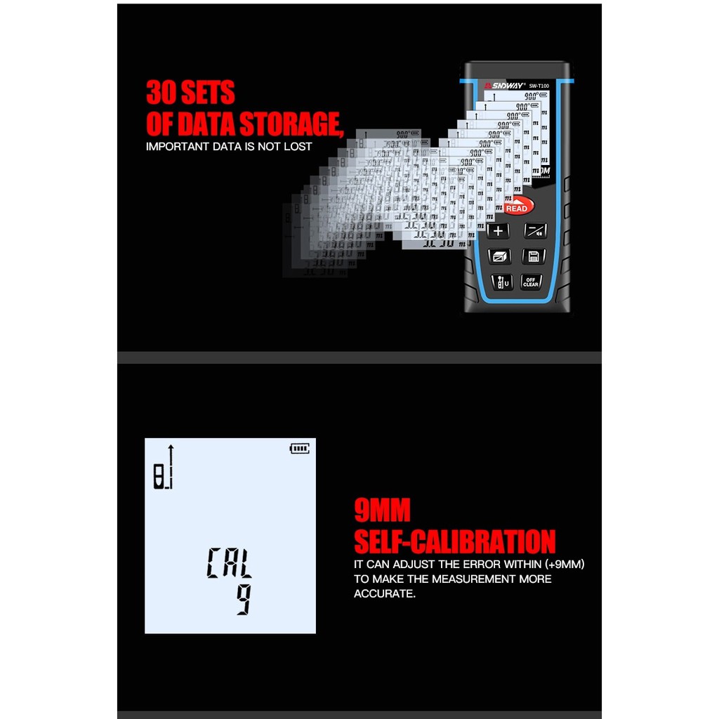 SNDWAY SW-T100 - Digital Laser Distance Meter Rangefinder - 100M