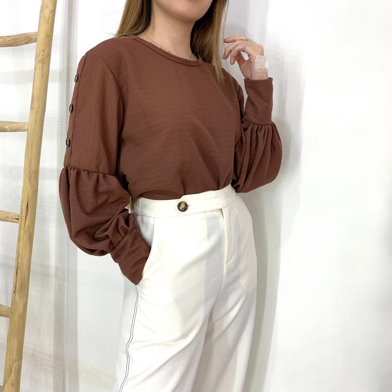 Puffy Blouse Button Waffle Atasan Balon Puffy Top Atasan Lucu Baju Balon