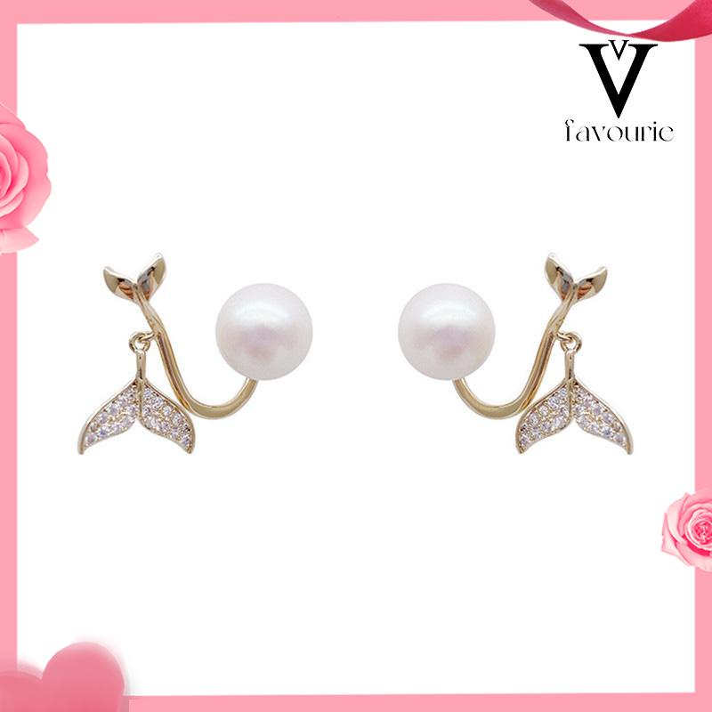 [COD]Pearl Fishtail Back Hanging Earrings Wanita High-end Cahaya Mewah Penuh Berlian Anting Geometris-FA