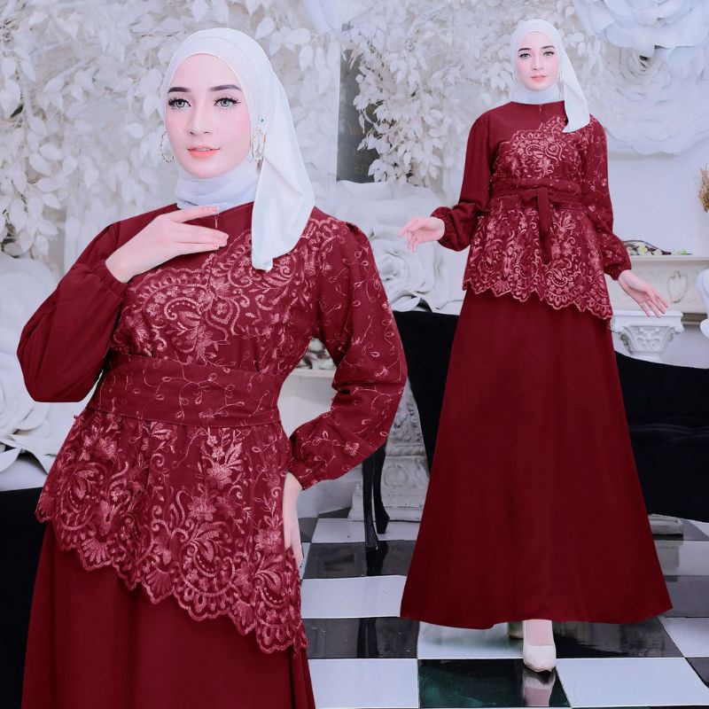 (NEW) SIDEN - Baju Gamis Brukat Brokat Mix Combi Kombi Ceruty Ceruti Remaja Wanita Perempuan Ibu Muslim Busui Free Obi Ukuran M L XL XXL Jumbo Acara Pesta Kondangan Nikahan Seragaman Bridesmaid Premium Warna MERAH RED MARUN MARON MAROON