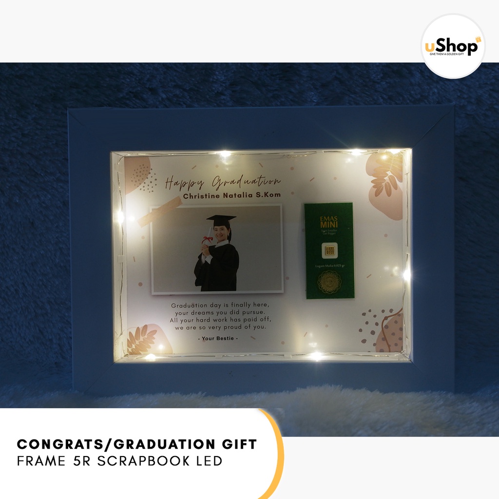 Graduation Congratulation Gift Kado Wisuda Frame 5R Scrapbook LED Logam Mulia Emas Mini