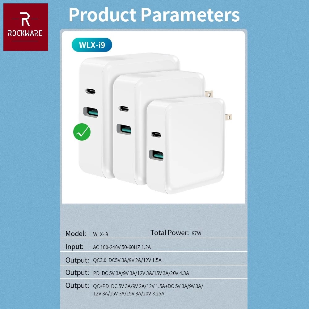 ROCKWARE WLX-I9 87W - Charger 2 Port USB-A dan USB-C - PD dan QC 3.0