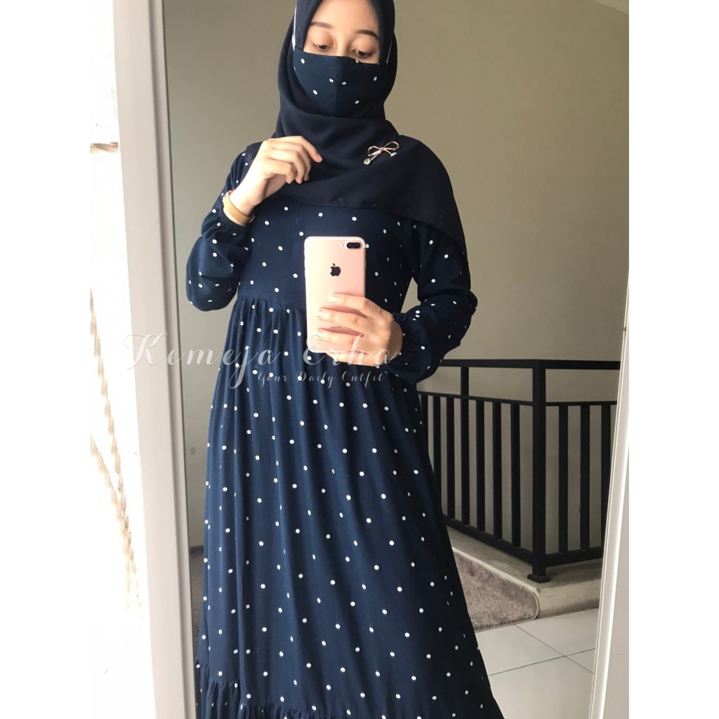 Gamis Rayon Motif Polkadot Navy Busui Friendly Rempel