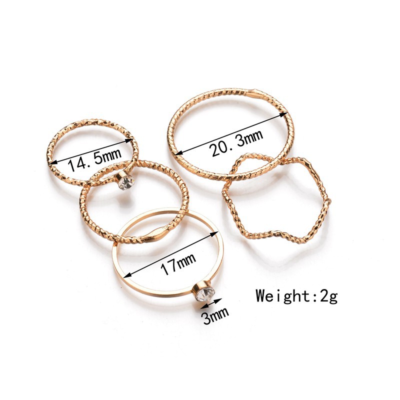 5pcs / Set Cincin Jari Telunjuk Desain Gelombang Hias Berlian Untuk Wanita