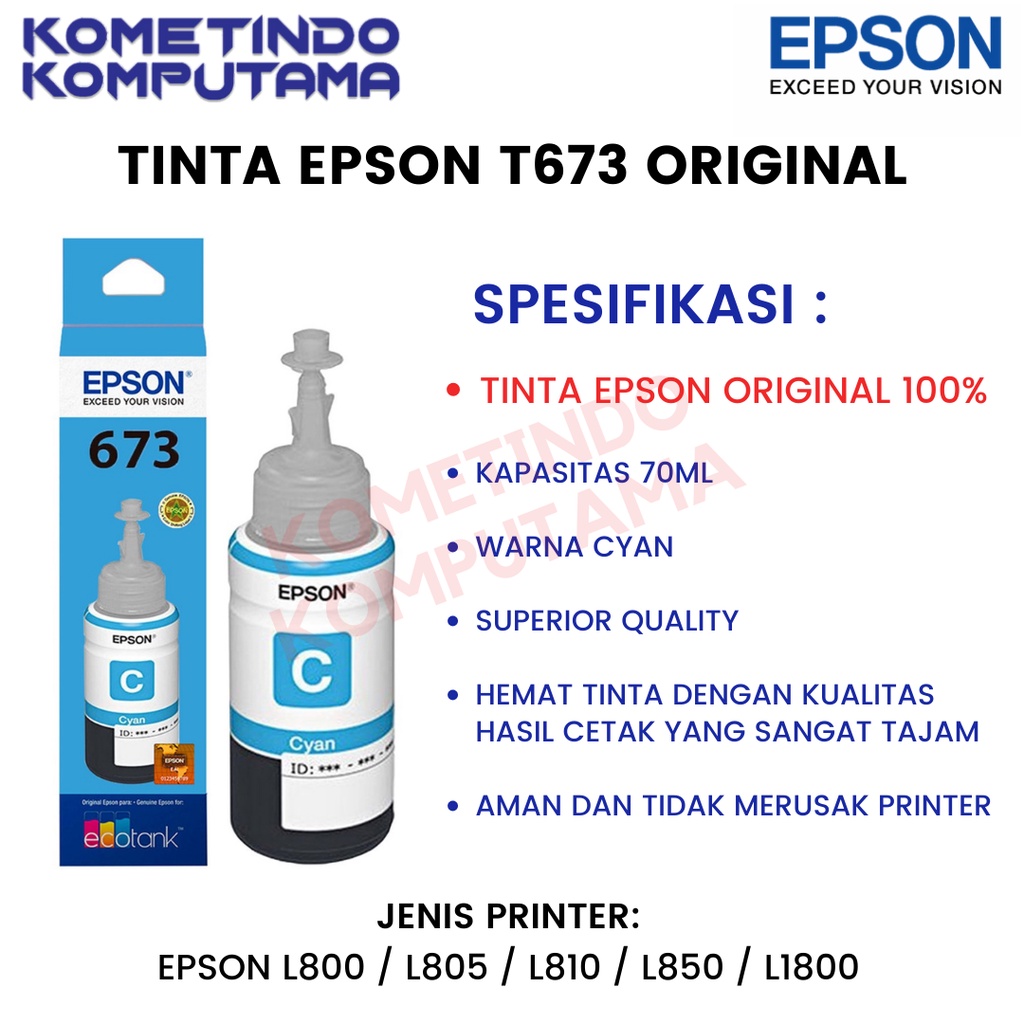 T 673 CYAN 70ml Tinta Epson Original Untuk Epson L800, L805, L850, L1800 T673 ORIGINAL 100% 673