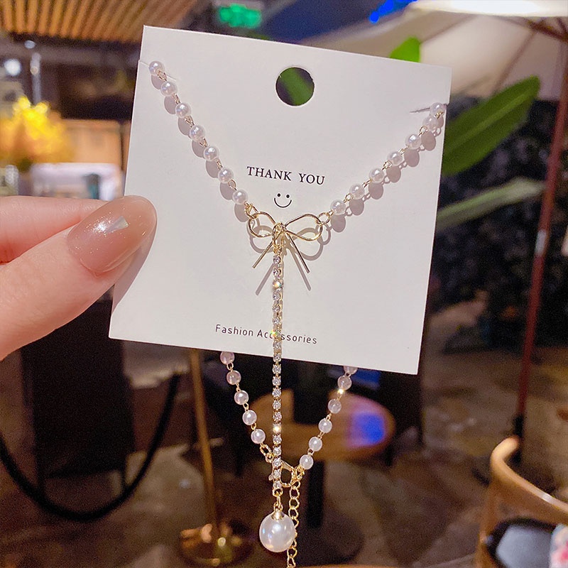 XiaoboACC Kalung Rantai Dengan Liontin Pita + Mutiara Gaya Korea Untuk Wanita 48.4CM+5.3CM