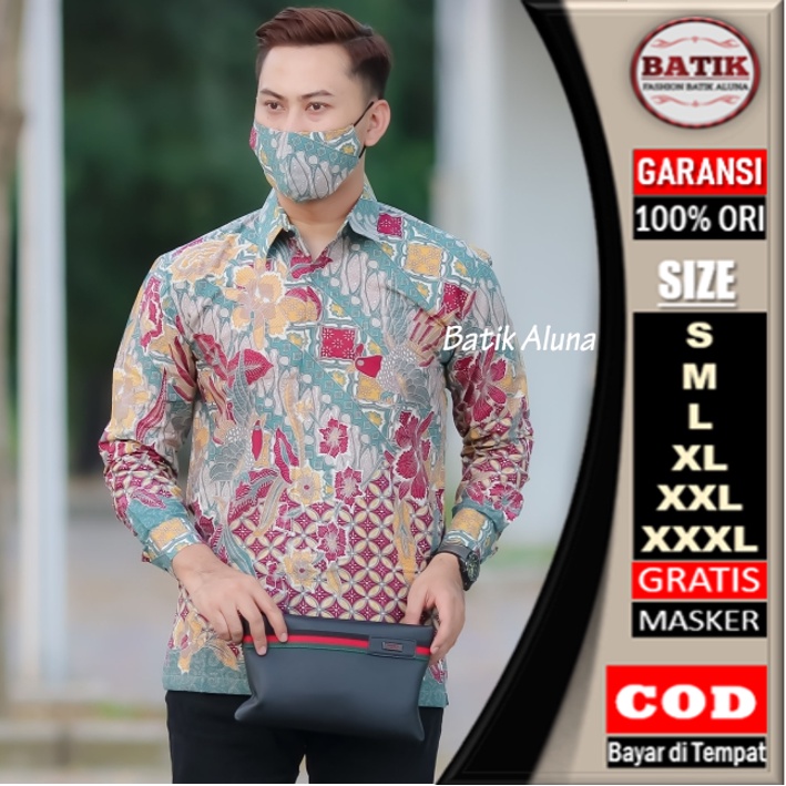 Kemeja Batik Pria Lengan Panjang Modern Premium keraton Solo Original Baju Seragam Batik Kekinian Sutra Pria Slim Fit Berkwalitas Jumbo Mega Mendung Dewasa Untuk Kondangan Pria Lengan Panjang BATIK ALUNA PL 120