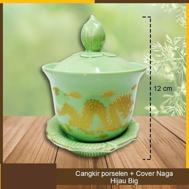 Cangkir puja sembahyang Porselen Motif Naga Big 12cm Hijau