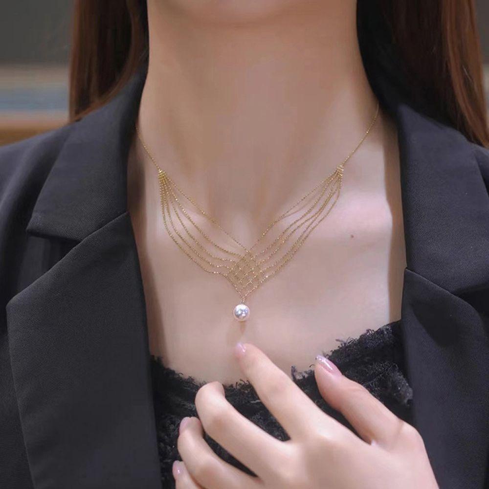 Agustina Kalung Korea Trendi Elegan Hadiah Untuk Perempuan Multi Layer Manik-Manik Rantai Leher Perhiasan