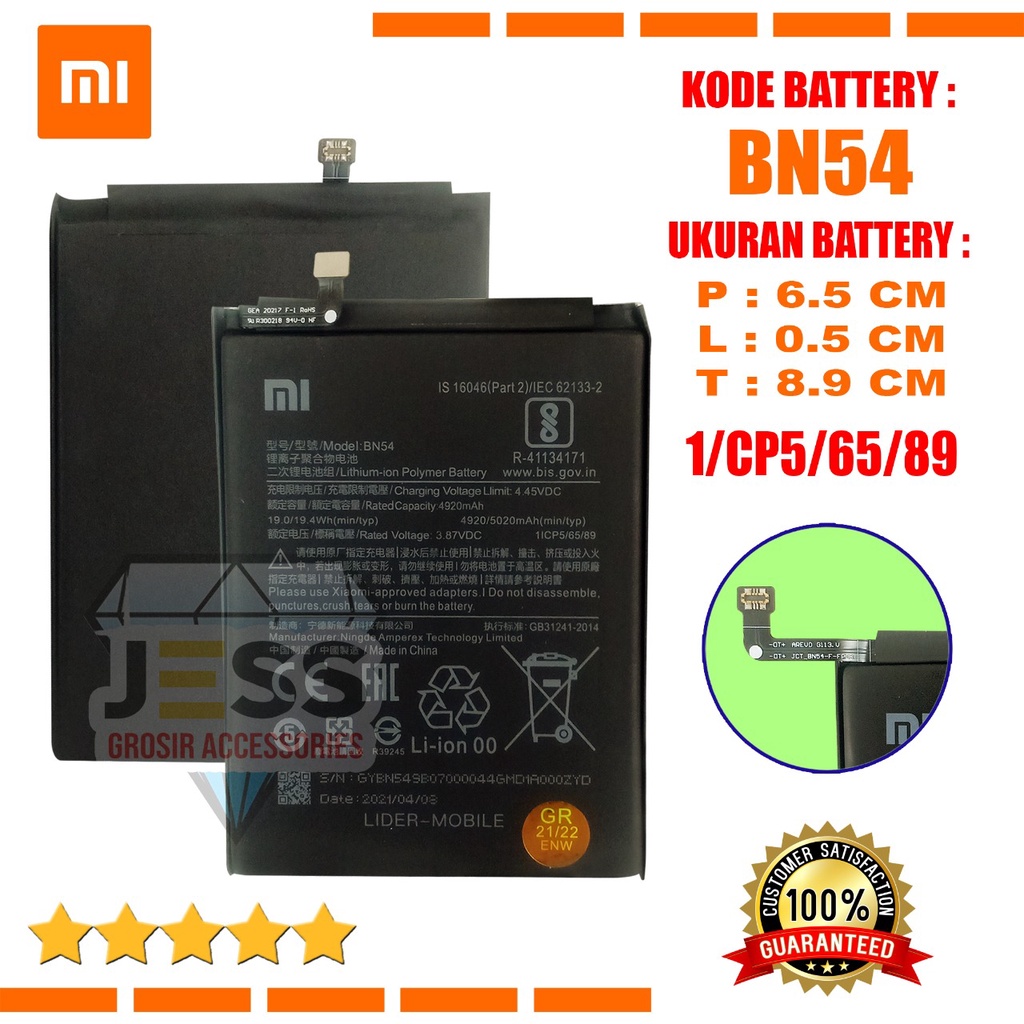 Baterai Battery Original Xiaomi Redmi 9 , Redmi Note 9 , Note 9 Pro , Redmi Note 10 Pro , BN54 BN-54