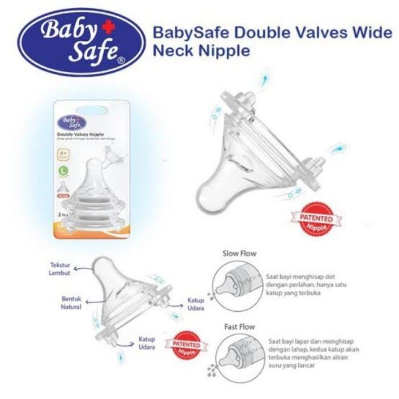 Baby Safe Double Valve Nipple Wide Neck Silicone Size Spout S M L XL DWNCC DWNXL DWNL DWNM DWNS - Babysafe Dot Nipples Nipel Bayi Wideneck