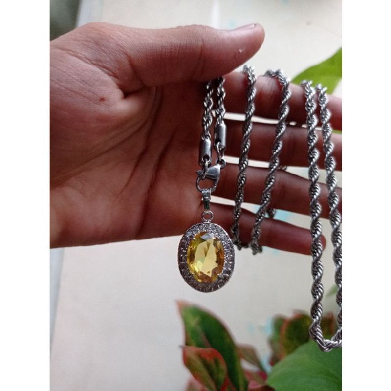 kalung liontin batu permata yellow Citrine cutting ring titanium