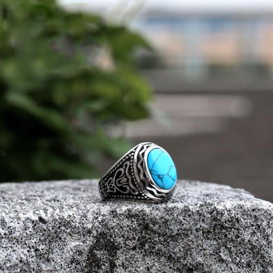 Cincin Bahan Titanium Steel Warna Silver Hias Batu Mata Macan Turquoise Gaya Vintagepunk Untuk Pria