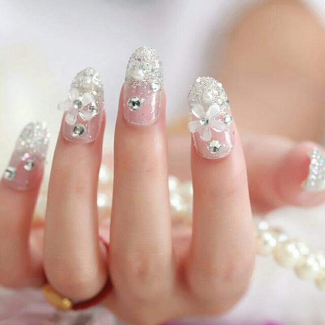 Wedding party fake nail Clear Rhinestone Flower kuku palsu 3D + LEM