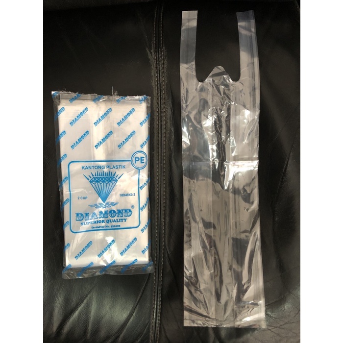 

Kantong plastik kresek cup pe bening 10x40 2cup diamond isi 27 lembar