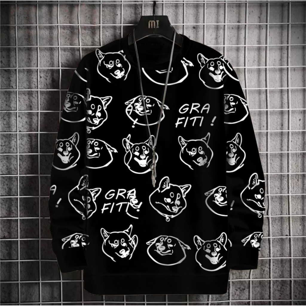 Yu Taka - Sweater Pria Doge Sweater Grafiti Kaos Lengan Panjang Pria Sweter Pria Murah