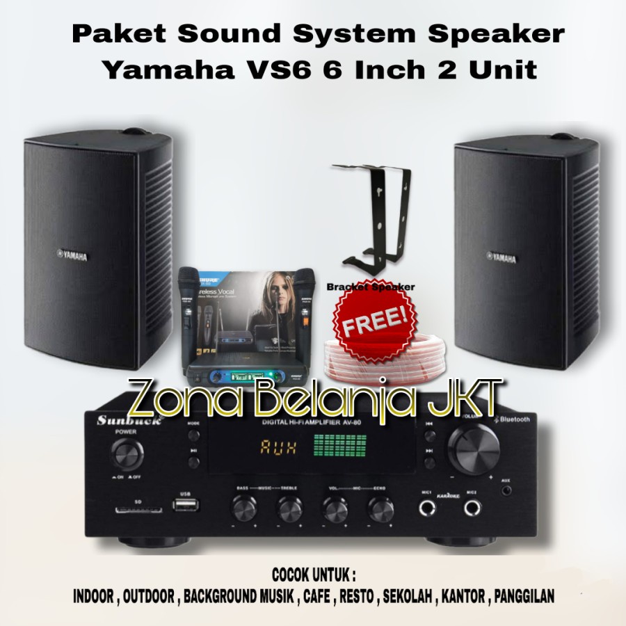 PAKET SOUND SPEAKER YAMAHA VS6 6 INCH SPEAKER CAFE RESTO KARAOKE 2 SPEAKER AMPLIFIER USB BLUETOOTH MIC WIRELESS ( YM-3 )