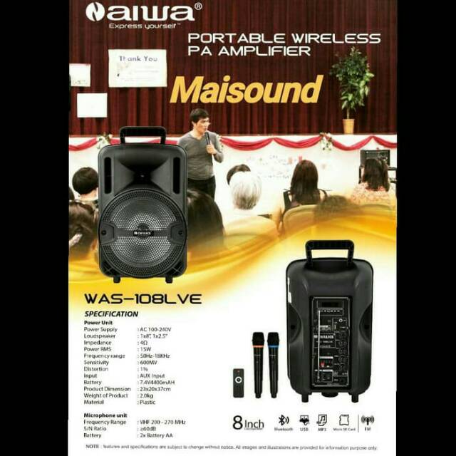 Portable Speaker Meeting AIWA WAS 108LVE 108 LVE 8 Inch