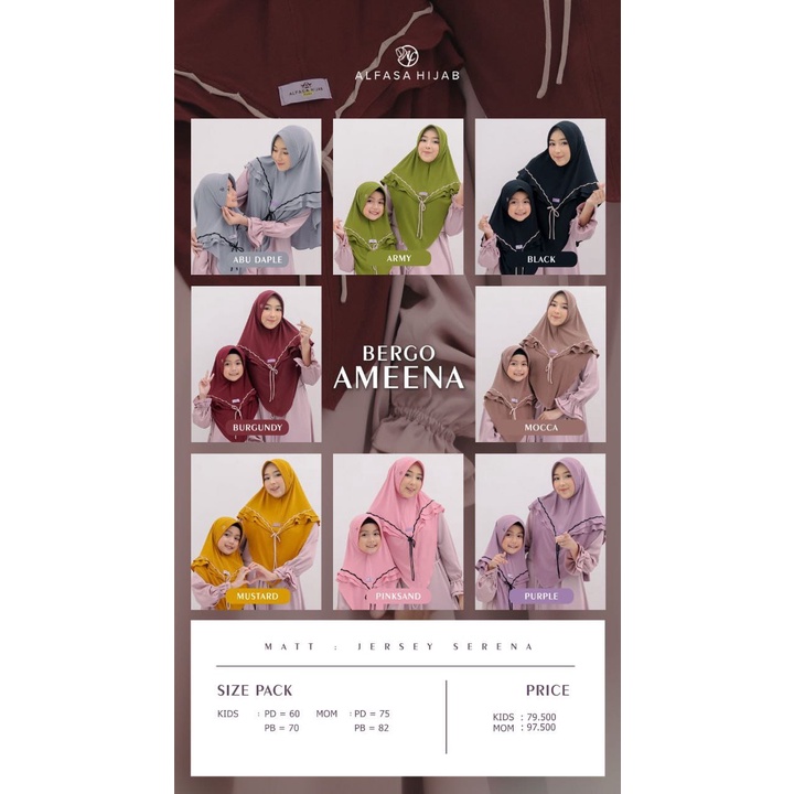 Ameena Bergo Mom and Kids || Alfasa Hijab || Kerudung Couple Ibu dan Anak || Aksen Tali Rampel depan
