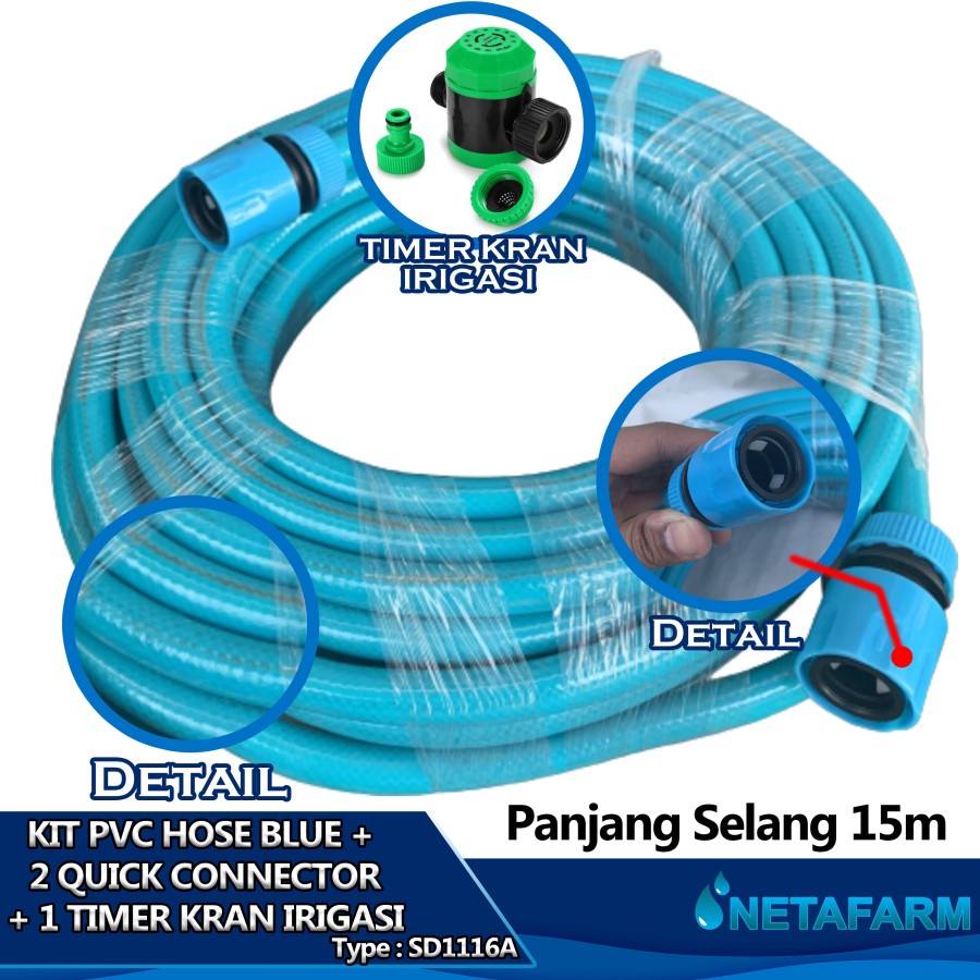 Selang Air PVC Biru 15m + 2 Quick Konektor &amp; Time Kran Irigasi SD1116A