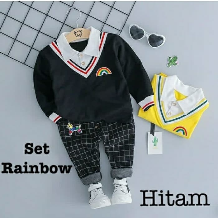 V671 Setelan Baju Kemeja Celana Satu Set Motif Rainbow Pelangi Lucu Anak Kecil Cowok Kece Usia 2-4th