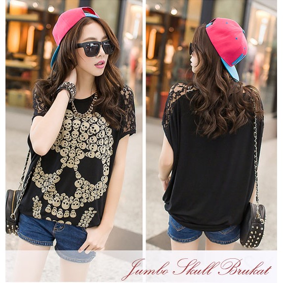 BIGCLO - (COD) LD 102-115cm Blouse Tengkorak Skull Brukat Bigsize Jumbo Baju Wanita Murah