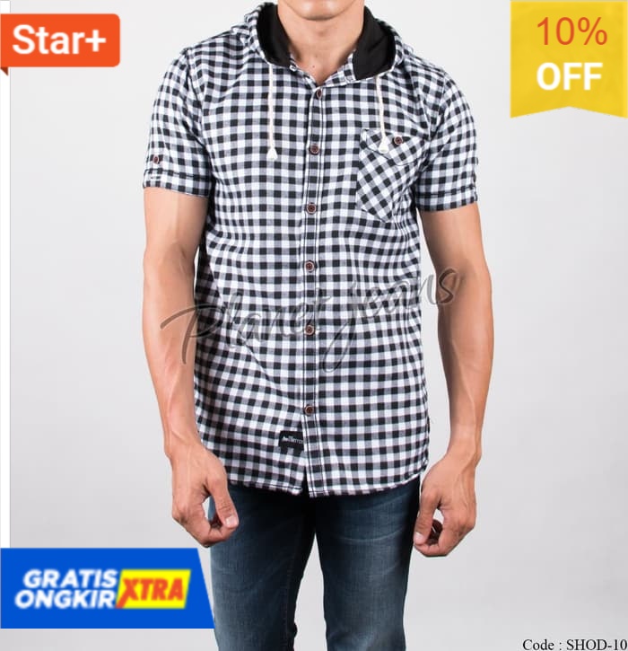 Kemeja pria flanel hoddie lengan pendek / kupluk jaket sweater s05 Merk Baru Fashion