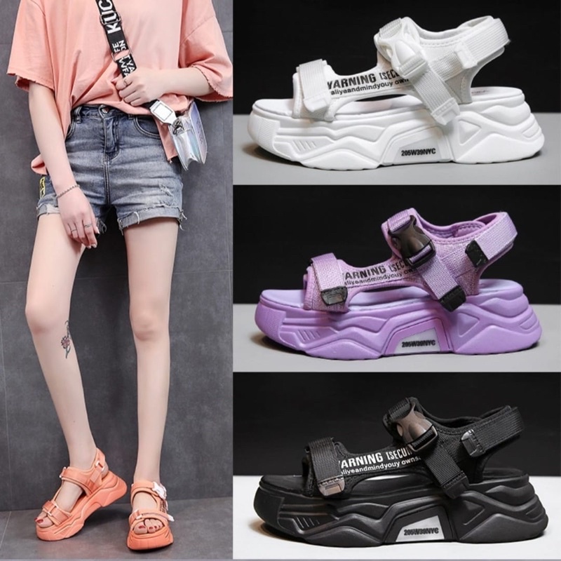 SALE  SANDAL WEDGES KOREA WANITA WARNING NEON PLATFORM SANDAL GUNUNG by Axeline CK539