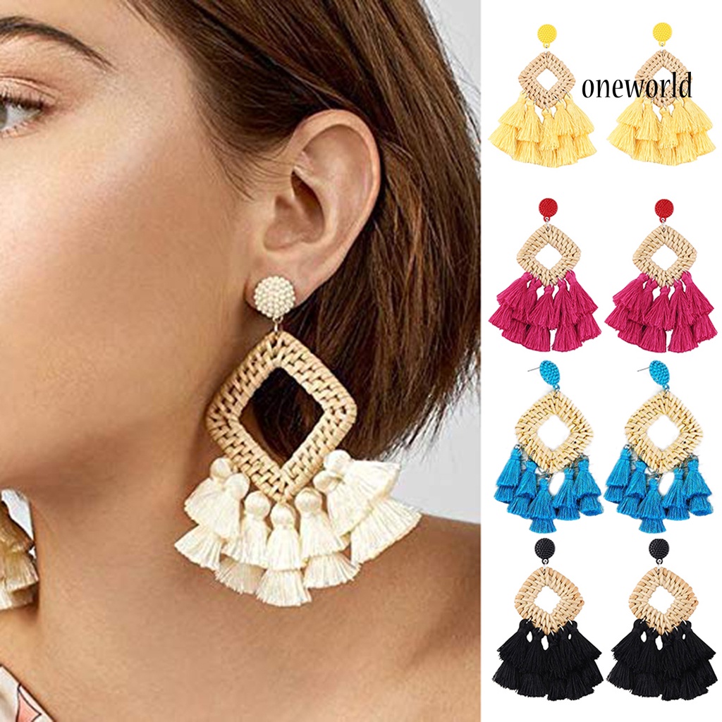 OW@ Boho Women Hollow Rhombus Rattan Woven Tassel Statement Dangle Stud Earrings