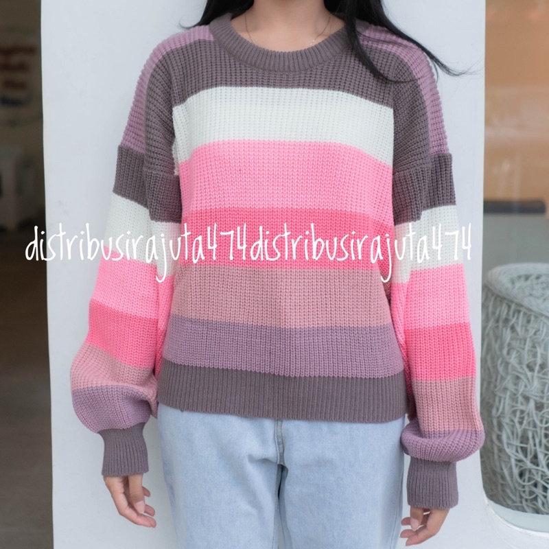 NOTHING OVERSIZE SWEATER RAJUT PELANGI SWEATER OBLONG OVERSIZE WANITA STIRIPE TEBAL