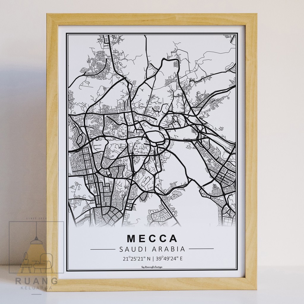 Hiasan Dinding - Poster Peta Mecca & Medina Monochrome uk. A4 / A3 Wall