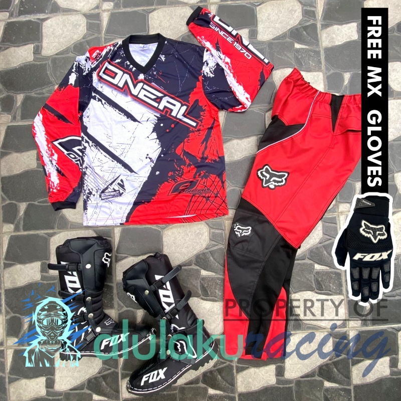 Jersey, Celana, Sarung Tangan &amp; Sepatu Fullprint with Protectors Fullset MX Trail Motocross - Paket Bundling ONCTFG010301-F41