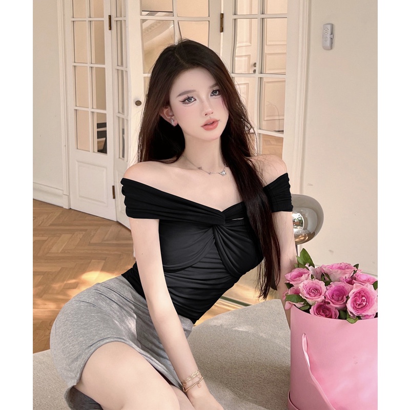 Satu Bahu T-shirt Wanita Musim Panas Desain Rasa Niche Biru Gadis Panas Lengan Pendek Seksi Ketat Ti