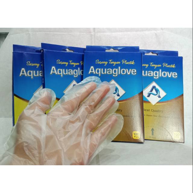 Sarung tangan plastik merk Aquaglove/sarung tangan plastik/sarung tangan plastik isi 100pcs