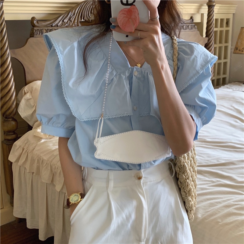 #Sisjuly# Kemeja Wanita Desain Baru Gelembung Wanita Lengan Pendek Atasan Tipis Gaya Hong Kong Pranc