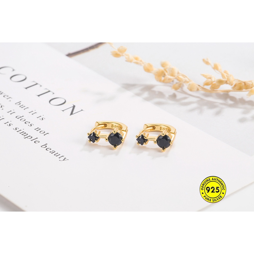 Anting Bulat Simple Warna Hitam Hias Berlian Imitasi Untuk Wanita U1027