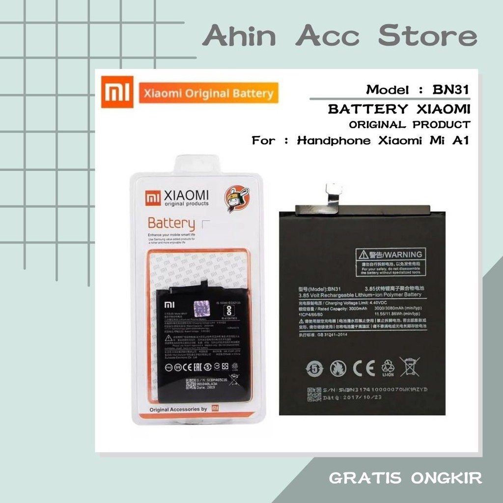 Baterai Handphone Xiaomi Mi A1 Model BN31 Battery Batrai Original 100%