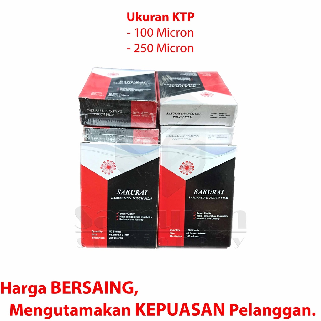 

HJK Plastik Laminating Sakurai Ukuran KTP 250 Micron 68.5 x 97 mm isi 50 lembar / Laminating Pouch