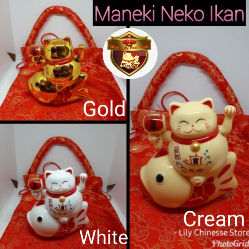 Maneki Neko Ikan / Kucing Lambai Ikan / Kucing Hoki Ikan / Lucky Cat naik Ikan / Lucky cat Imut