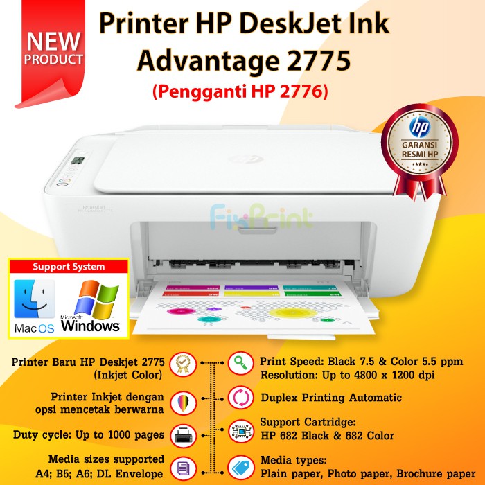 Printer HP Deskjet Ink Advantage 2775 Print Scan Copy All-In-One New photo berwarna multifungsi putih garansi wireless