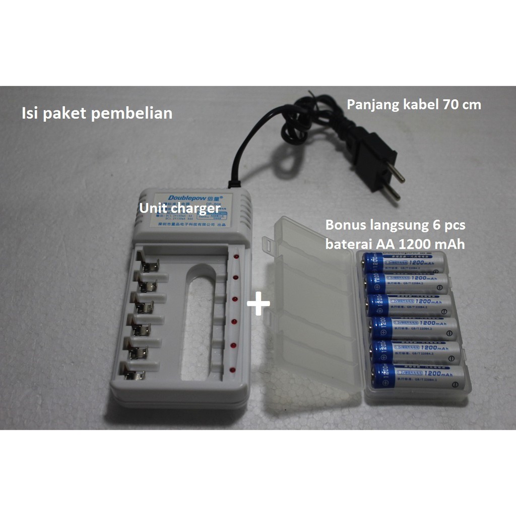 Paket charger rechargeable 6 in 1 + bonus 6 pcs baterai AA atau AAA cas isi ulang jam dinding mouse