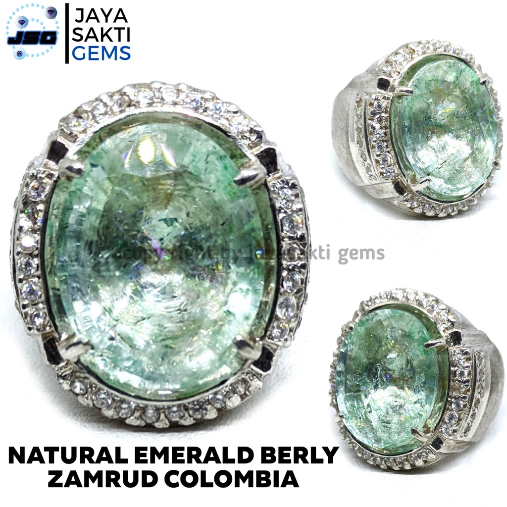 Natural Batu Permata Emerald Berly Zamrud Colombia Ring Perak Free Memo Lab EBZC01