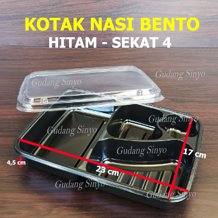 Kotak Nasi Bento / Tray Bento / Bento Box Sekat 4 Warna Hitam