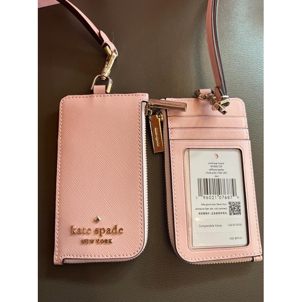Kate Spade Staci Cardcase Lanyard Saffiano Leather Chalk Pink New Authentic