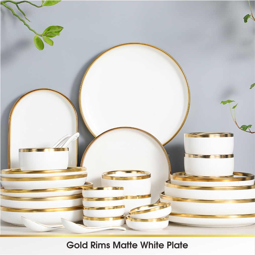 [SATUAN] WHITE - Piring Mangkok Makan Keramik Pinggiran Emas Cantik Ceramic Mewah Western Steak Gold Rim Plate